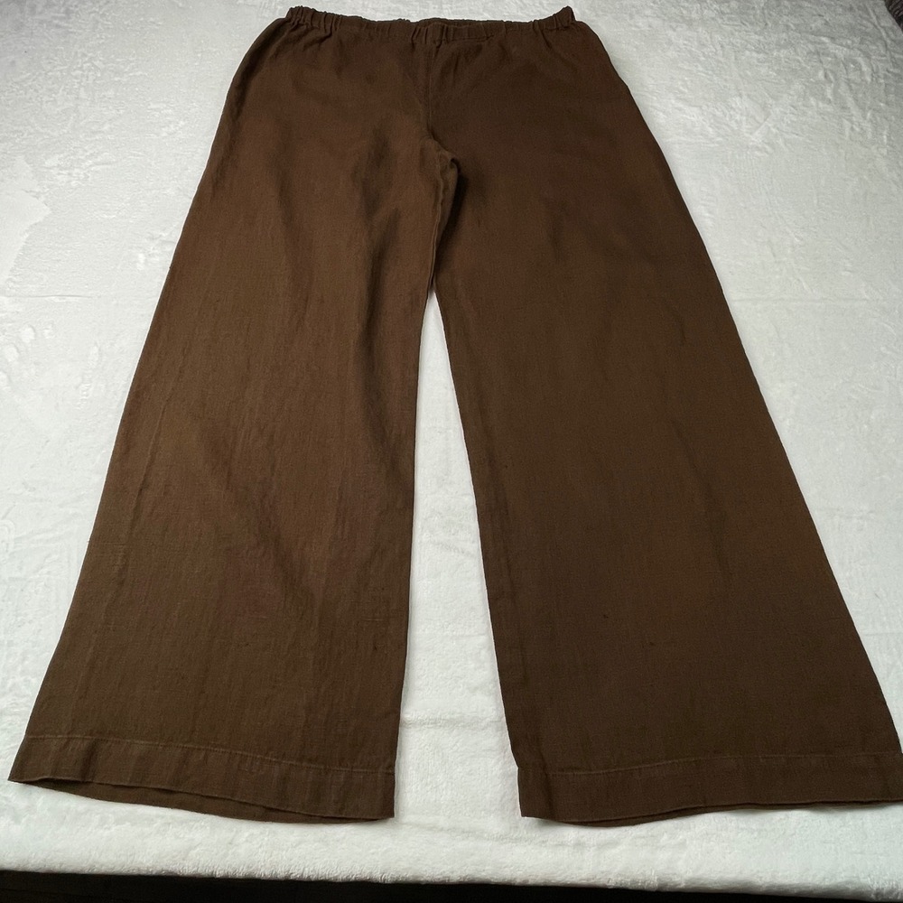 Chicos Size 3 Brown 100% Linen Wide Leg Elastic Waist Pull On Pants Trousers
